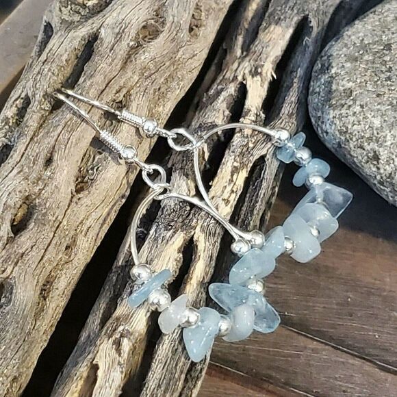 Handcrafted Baroque Aquamarine Gemstone Sterling Silver Plated Hoop Earrings - Picture 5 of 8